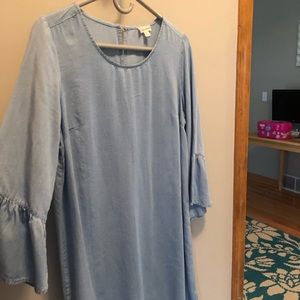 Light blue very soft denim dress. Wide ruffle sleeves
